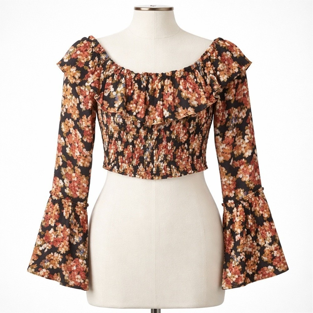 Y2K Floral Smocked Crop Peasant Top Size XS Long Sleeve Cottagecore Boho Indie